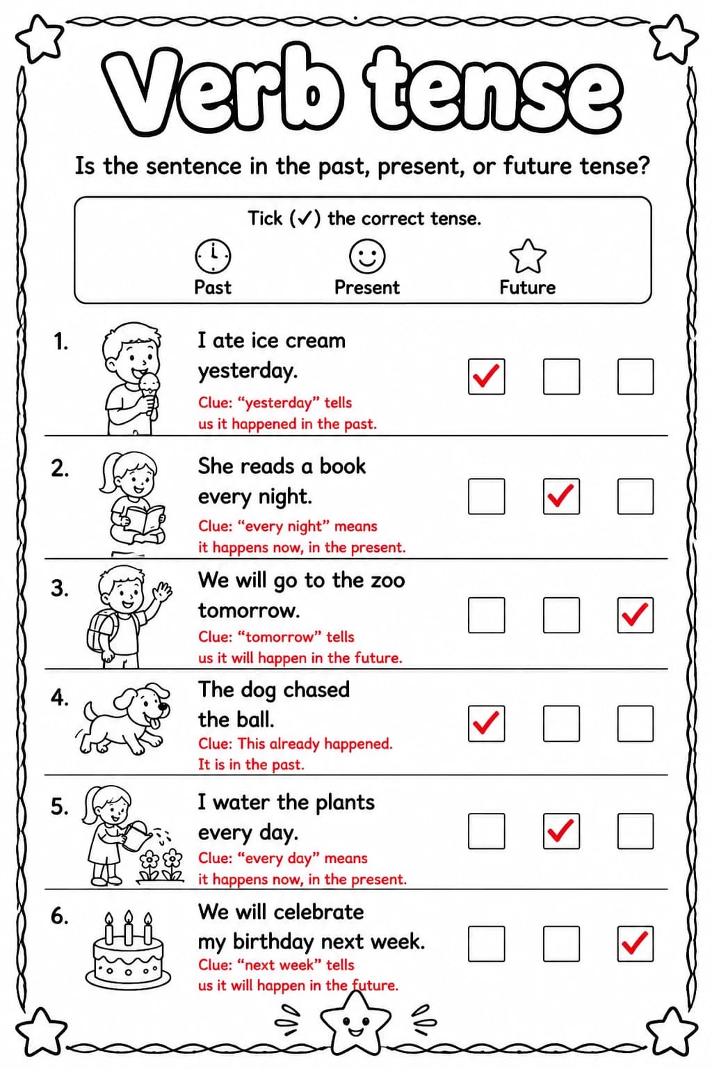 Answer key for Is the sentence in the past, present, or future tense? — free printable English & Reading worksheet