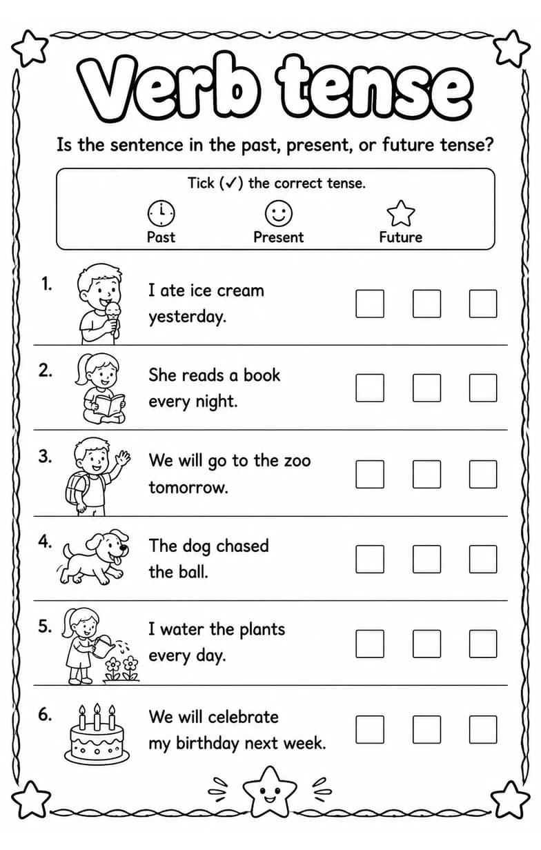 Is the sentence in the past, present, or future tense? — free printable Grade 3 English & Reading worksheet