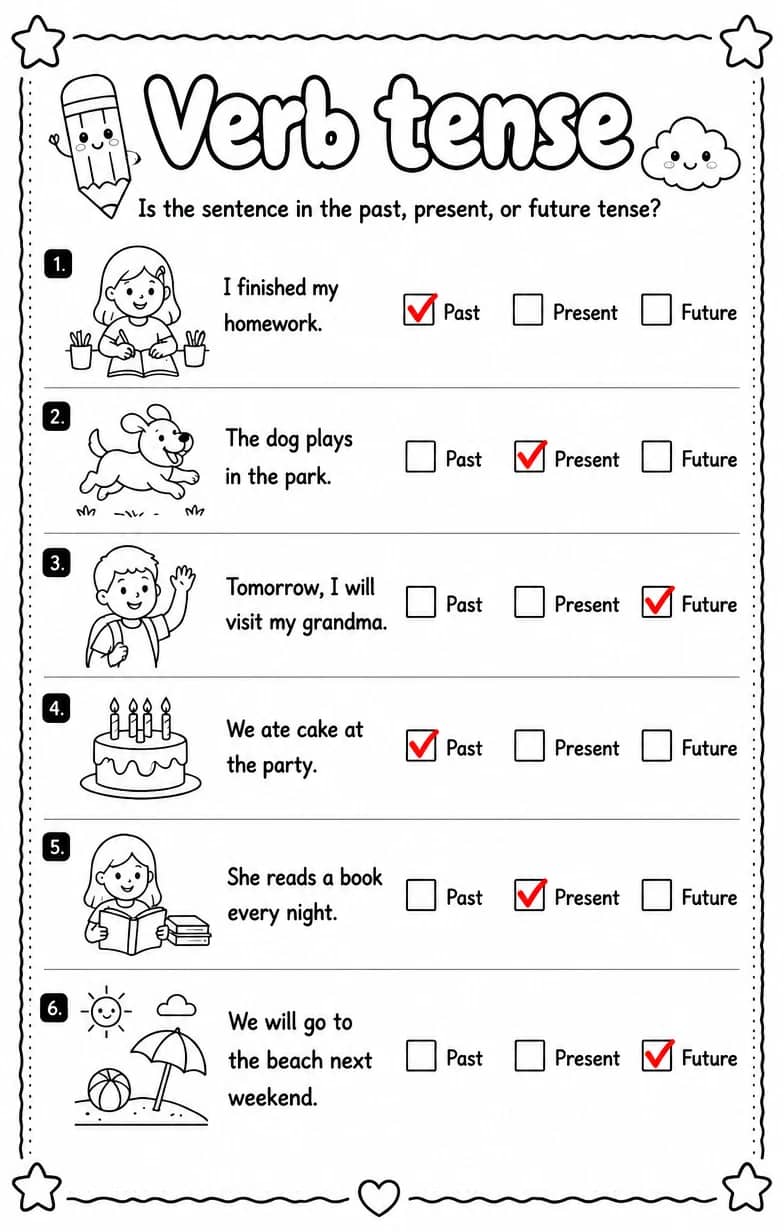 Answer key for Is the sentence in the past, present, or future tense? — free printable English & Reading worksheet