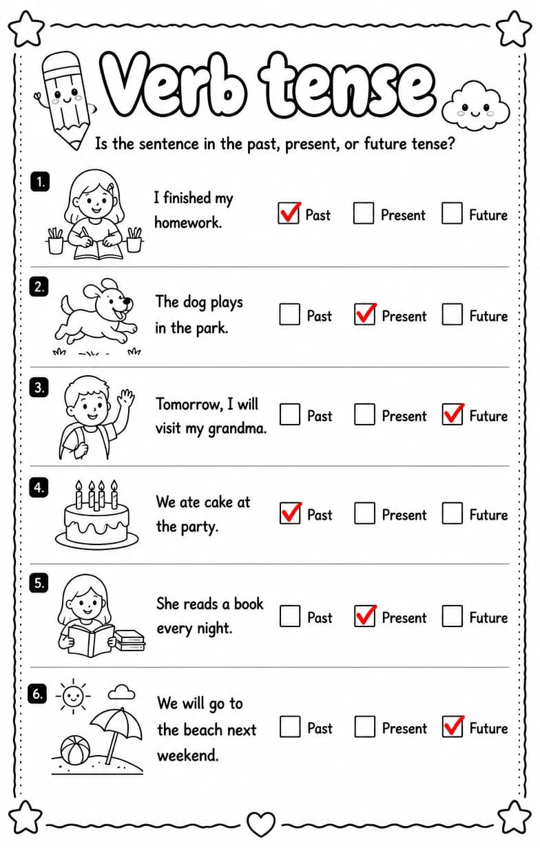 Answer key for Is the sentence in the past, present, or future tense? — free printable English & Reading worksheet