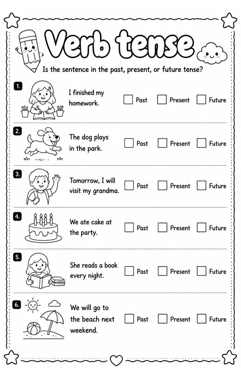 Is the sentence in the past, present, or future tense? — free printable Grade 4 English & Reading worksheet