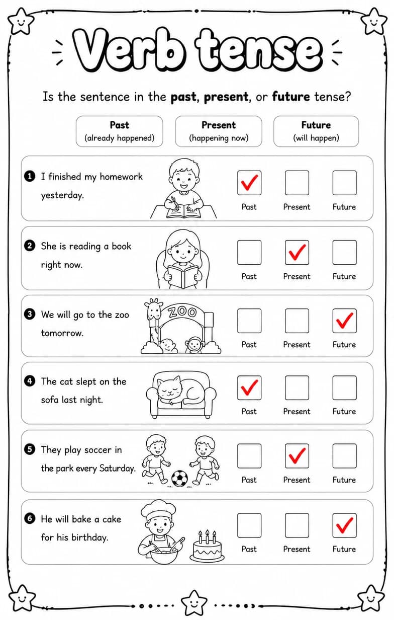 Answer key for Is the sentence in the past, present, or future tense? — free printable English & Reading worksheet