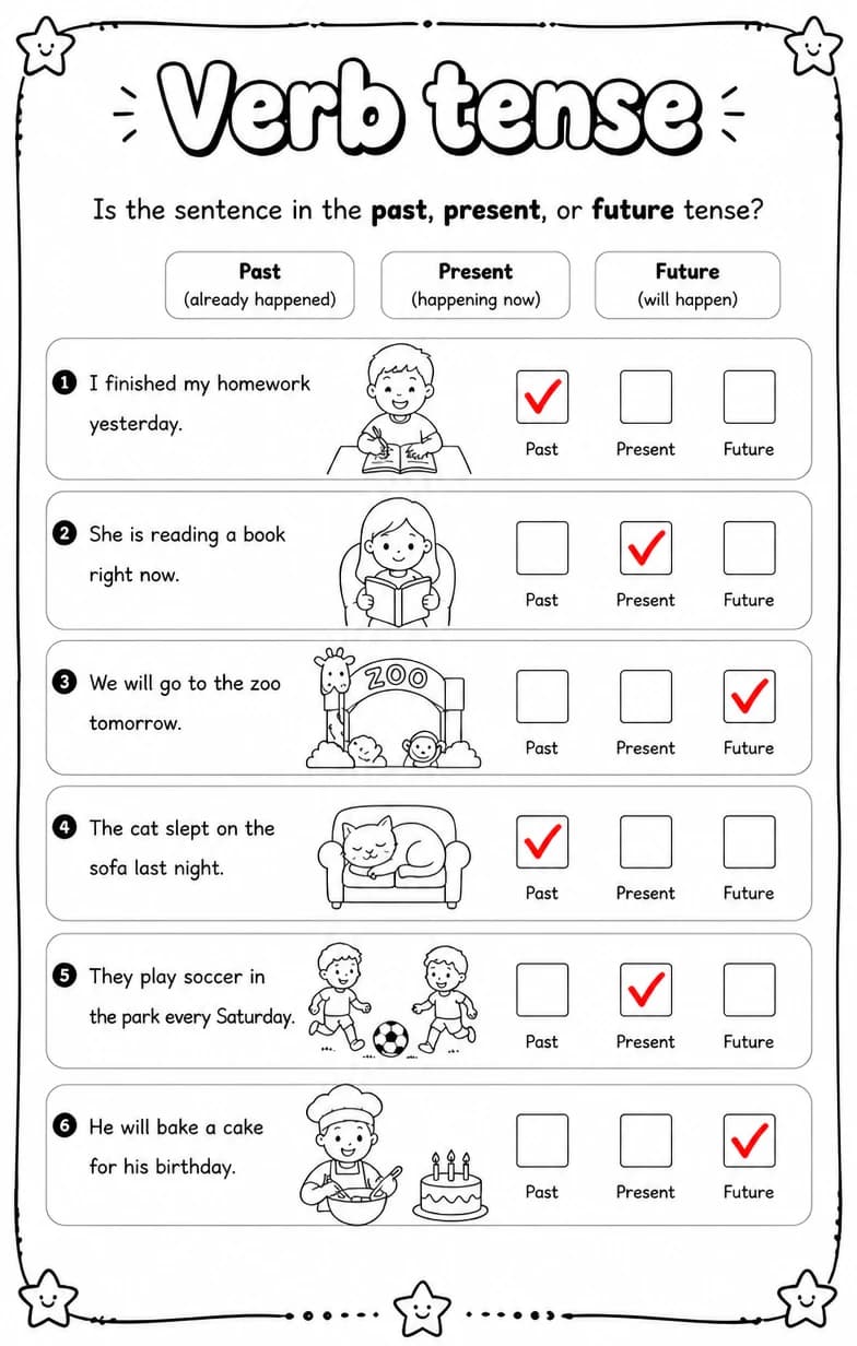 Answer key for Is the sentence in the past, present, or future tense? — free printable English & Reading worksheet