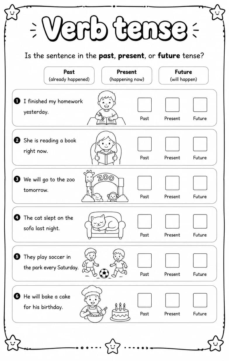 Is the sentence in the past, present, or future tense? — free printable Grammar and mechanics English worksheet