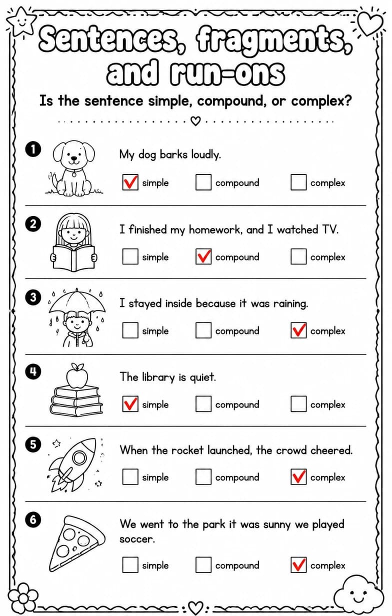 Answer key for Is the sentence simple, compound, or complex? — free printable English & Reading worksheet