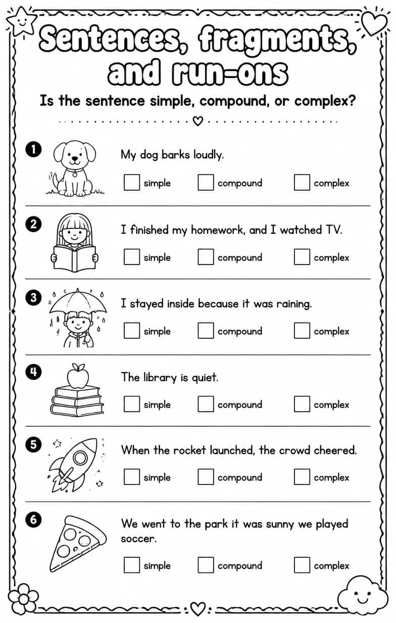 Is the sentence simple, compound, or complex? — free printable Grammar and mechanics English worksheet
