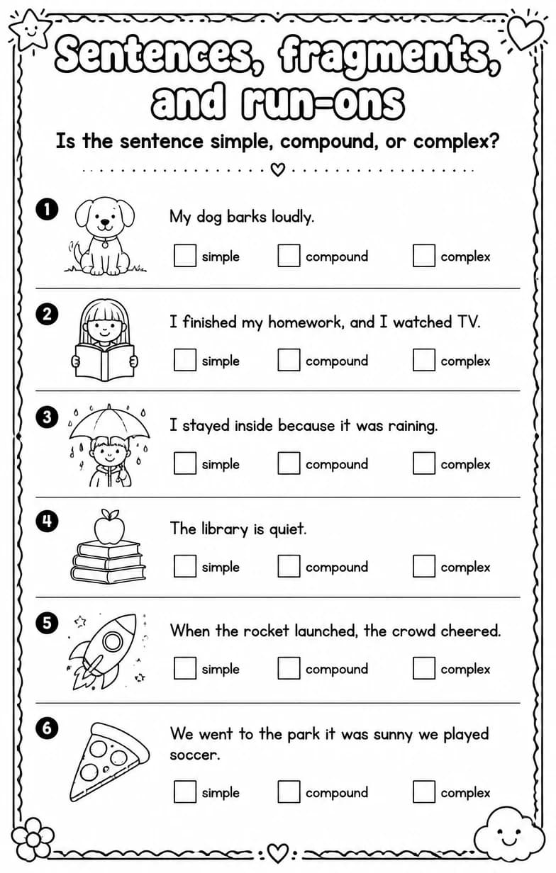 Is the sentence simple, compound, or complex? — free printable Grammar and mechanics English worksheet