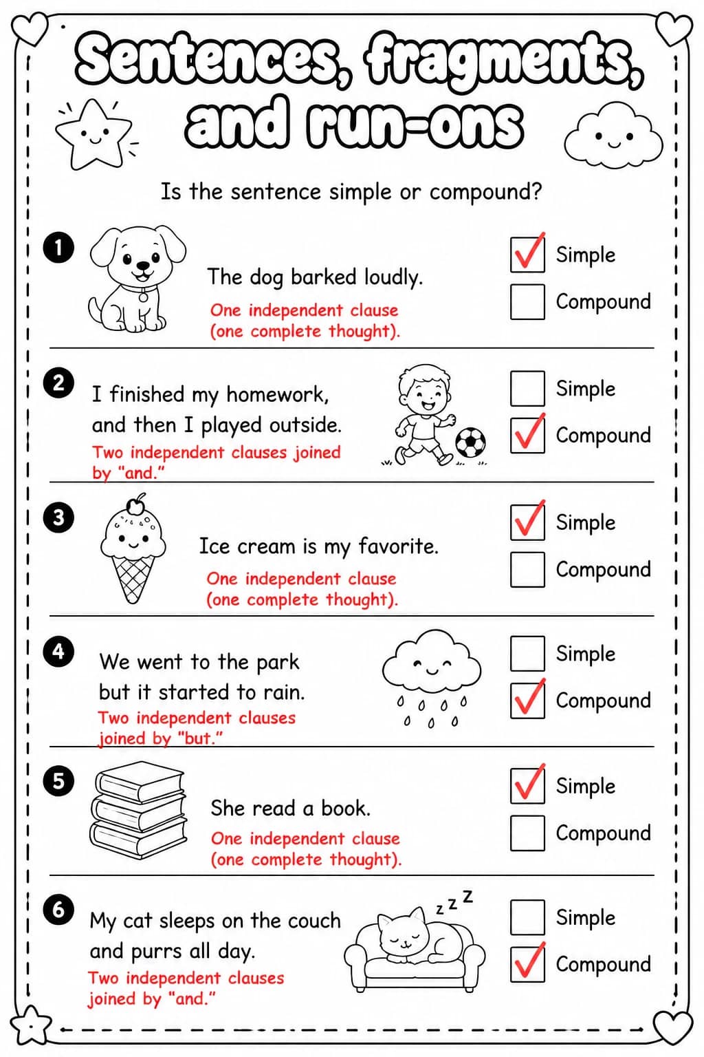 Answer key for Is the sentence simple or compound? — free printable English & Reading worksheet