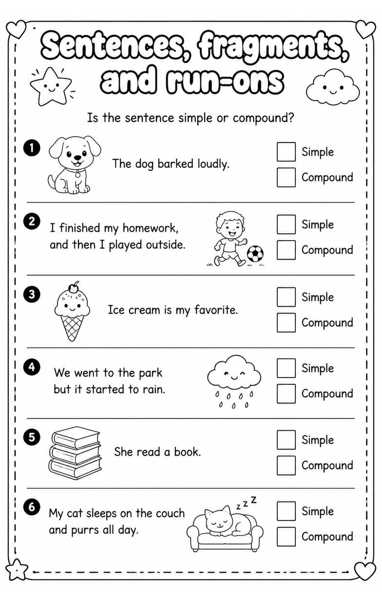 Is the sentence simple or compound? — free printable Grade 3 English & Reading worksheet