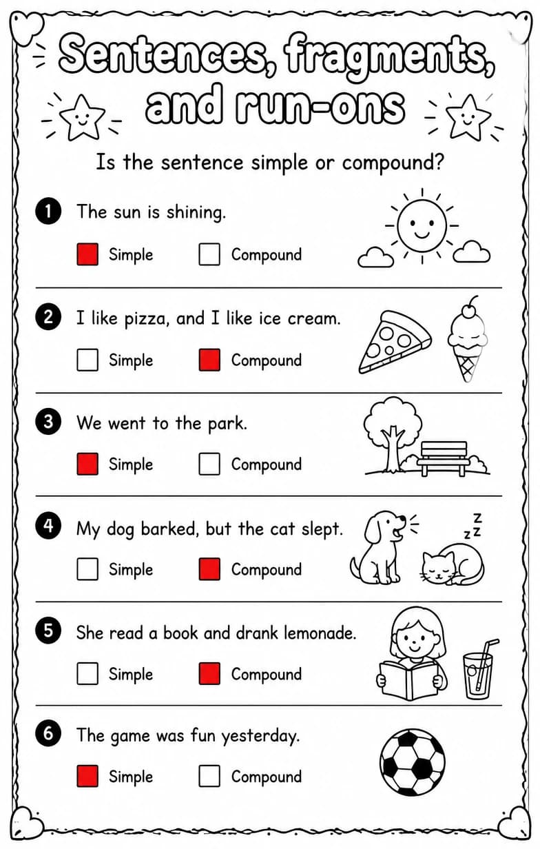 Answer key for Is the sentence simple or compound? — free printable English & Reading worksheet