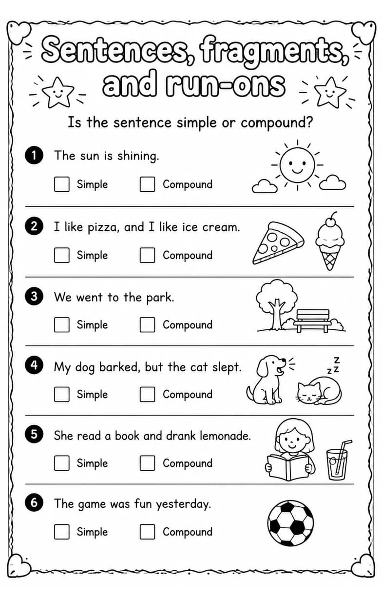 Is the sentence simple or compound? — free printable Grammar and mechanics English worksheet
