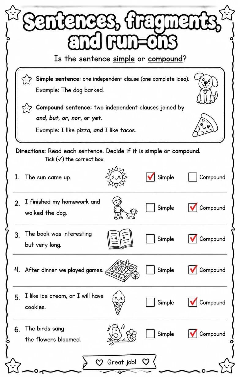 Answer key for Is the sentence simple or compound? — free printable English & Reading worksheet