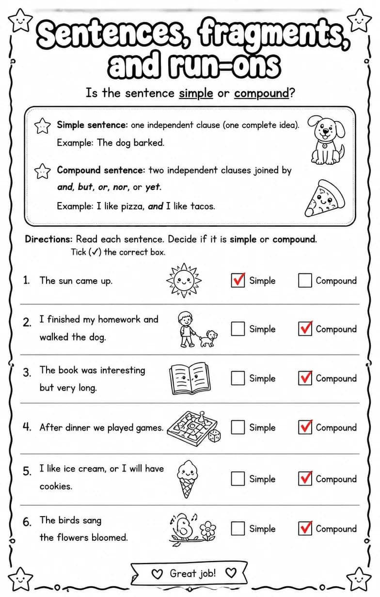 Answer key for Is the sentence simple or compound? — free printable English & Reading worksheet