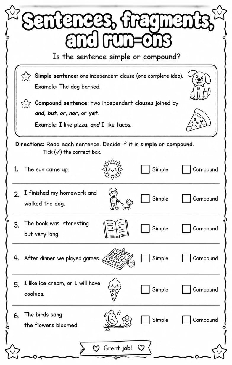 Is the sentence simple or compound? — free printable Grammar and mechanics English worksheet