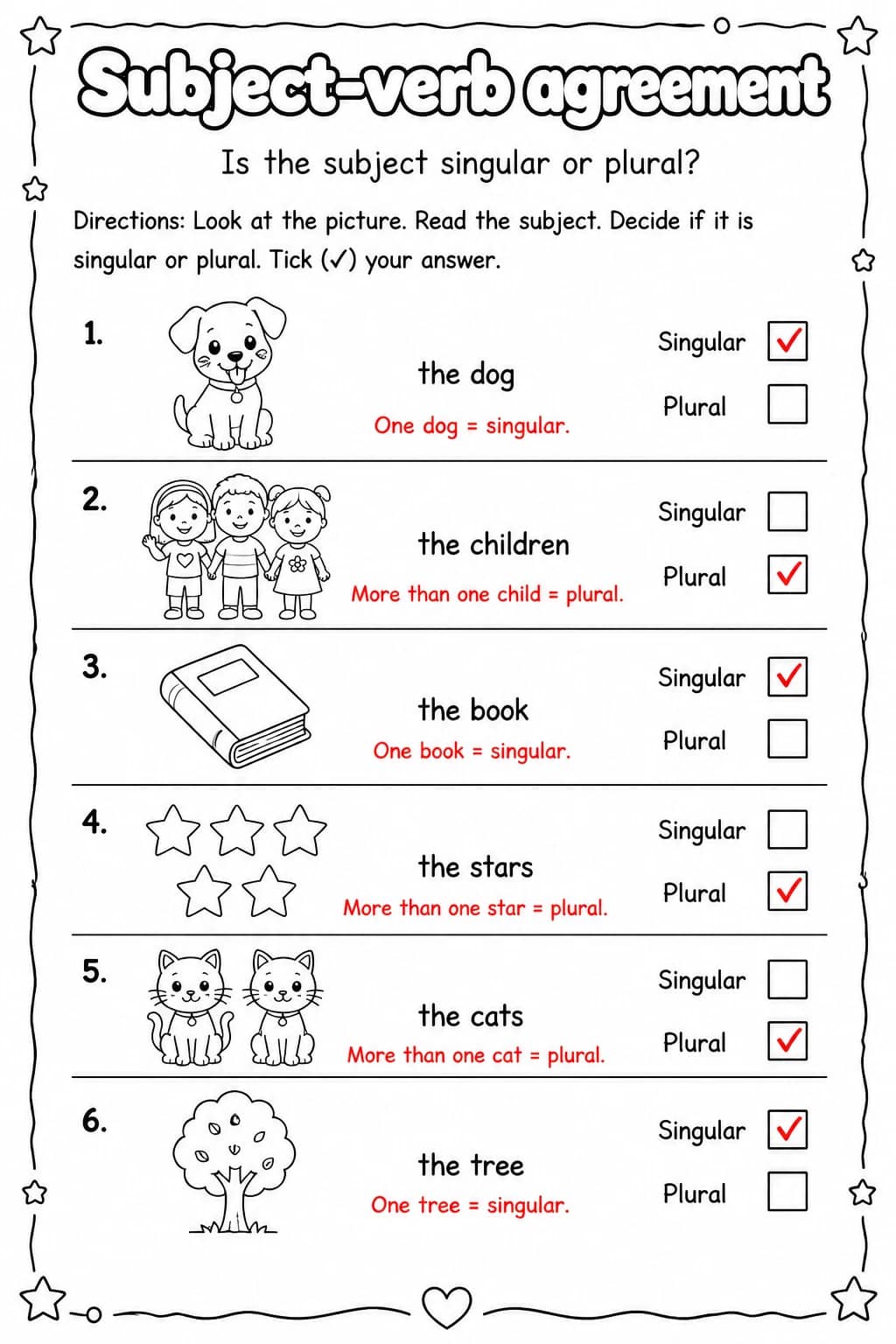 Answer key for Is the subject singular or plural? — free printable English & Reading worksheet
