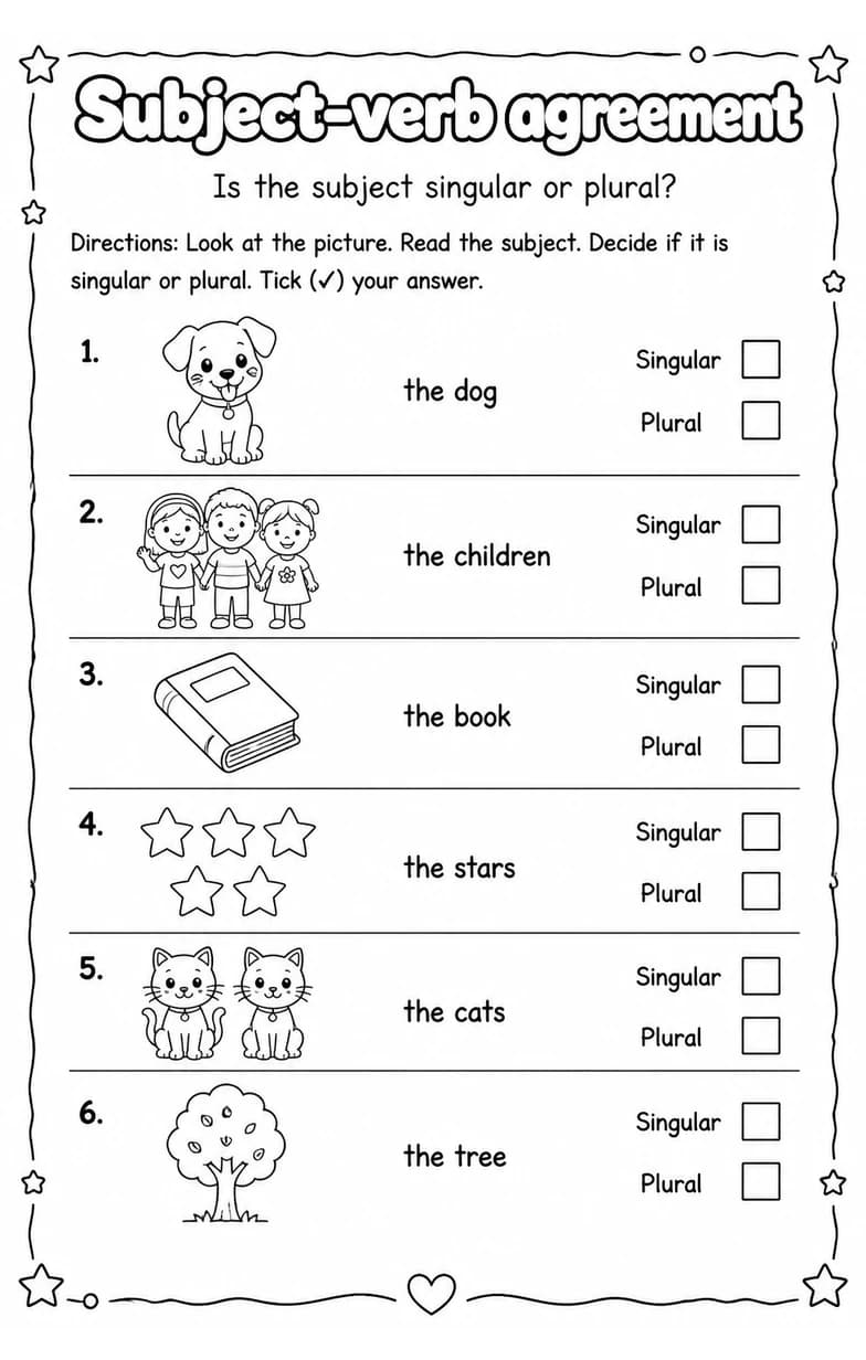 Is the subject singular or plural? — free printable Grade 3 English & Reading worksheet