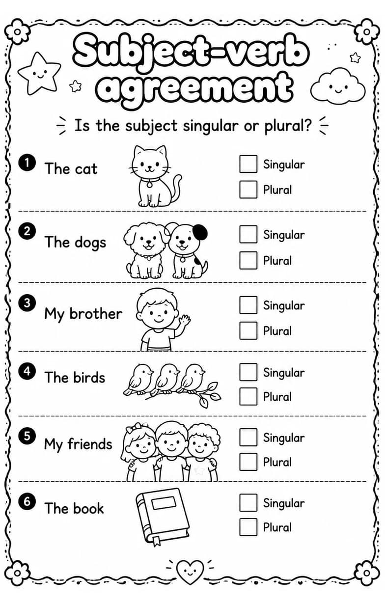 Is the subject singular or plural? — free printable Grammar and mechanics English worksheet