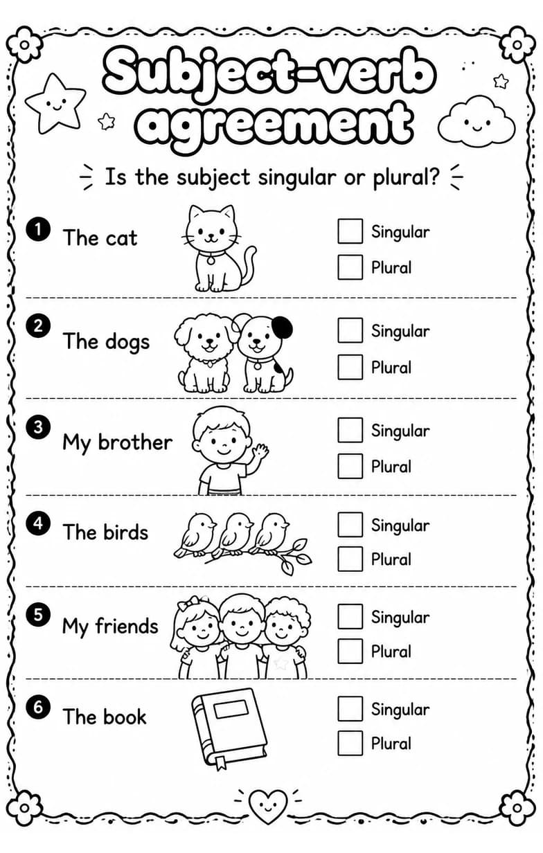 Is the subject singular or plural? — free printable Grade 4 English & Reading worksheet