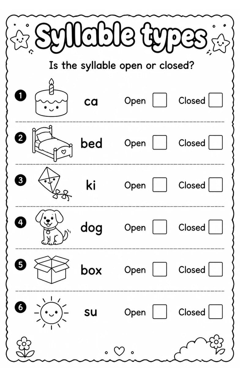 Is the syllable open or closed? — free printable Grade 2 English & Reading worksheet