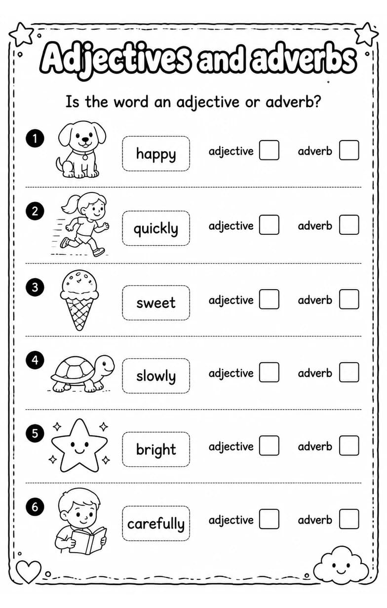 Is the word an adjective or adverb? — free printable Grade 2 English & Reading worksheet