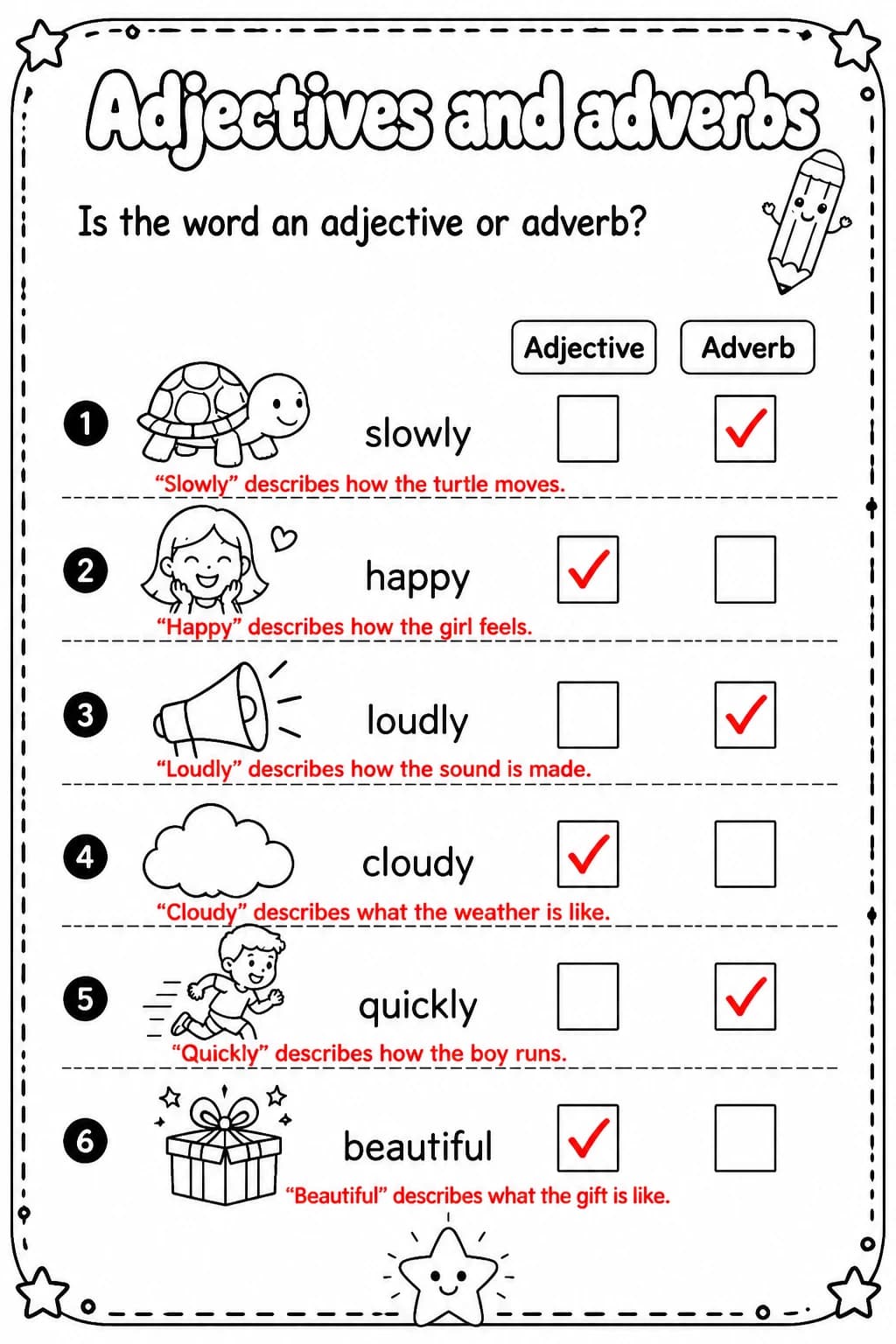 Answer key for Is the word an adjective or adverb? — free printable English & Reading worksheet