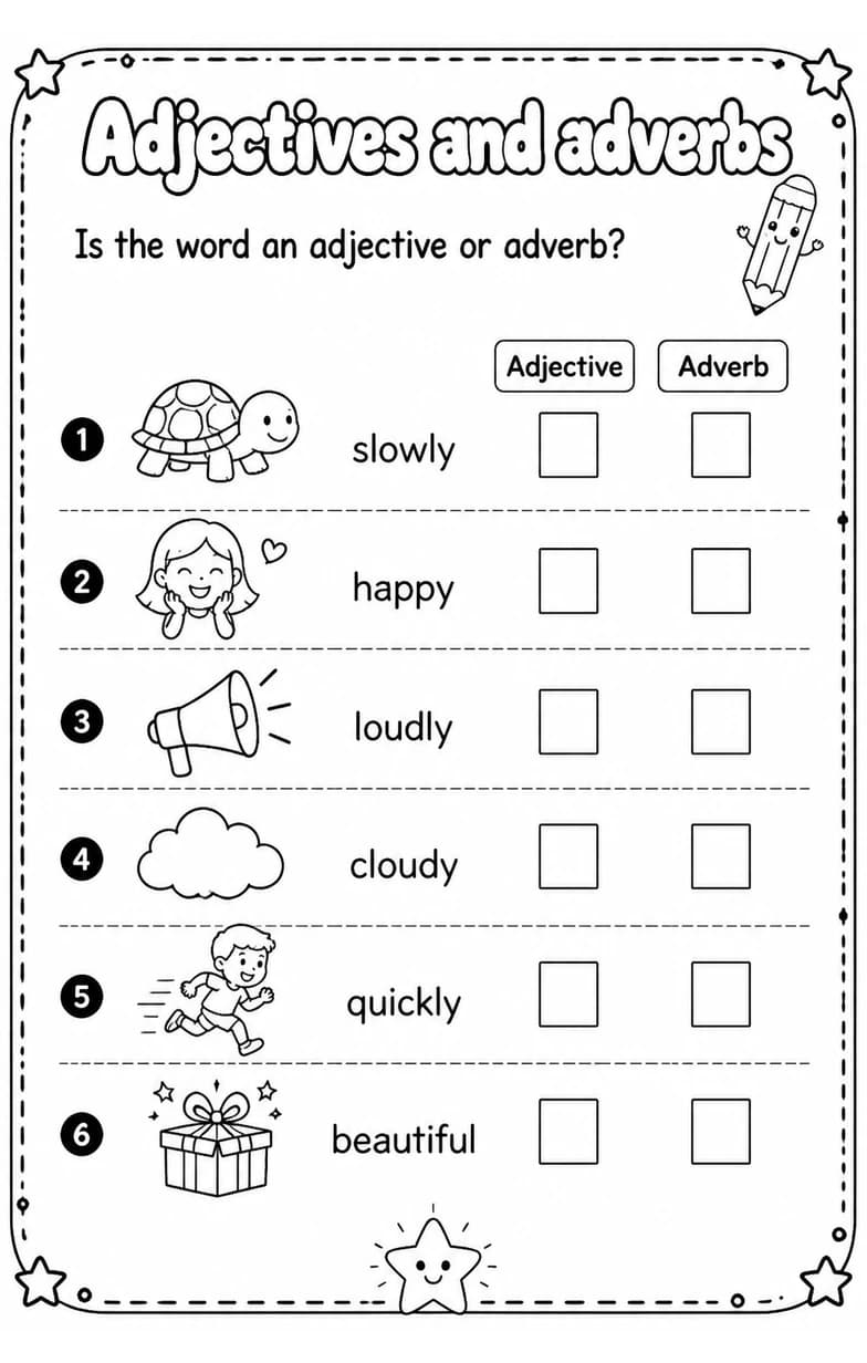 Is the word an adjective or adverb? — free printable Grade 3 English & Reading worksheet