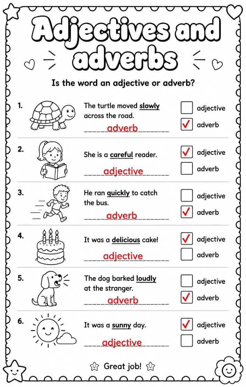 Answer key for Is the word an adjective or adverb? — free printable English & Reading worksheet