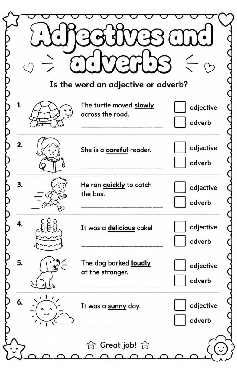 Is the word an adjective or adverb? — free printable Grammar and mechanics English worksheet