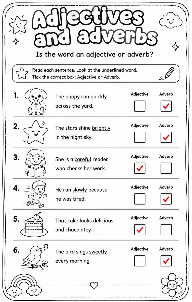 Answer key for Is the word an adjective or adverb? — free printable English & Reading worksheet