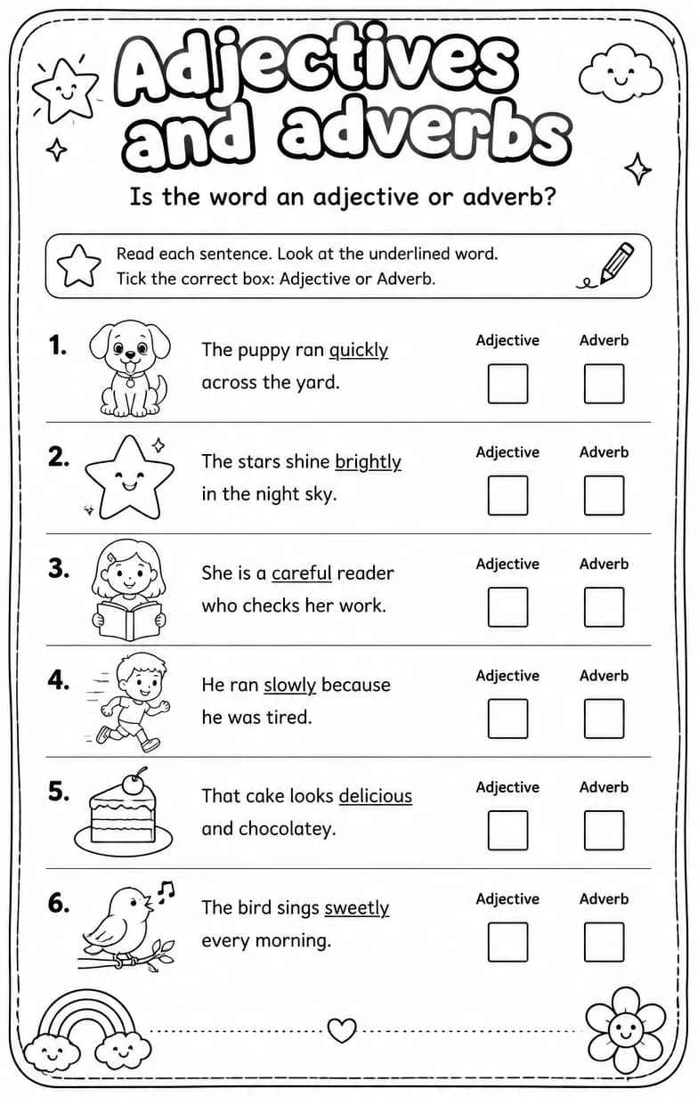 Is the word an adjective or adverb? — free printable Grade 5 English & Reading worksheet