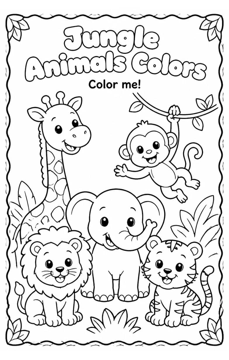 Jungle Animals Colors Coloring Page — free printable Grade 1 Art worksheet