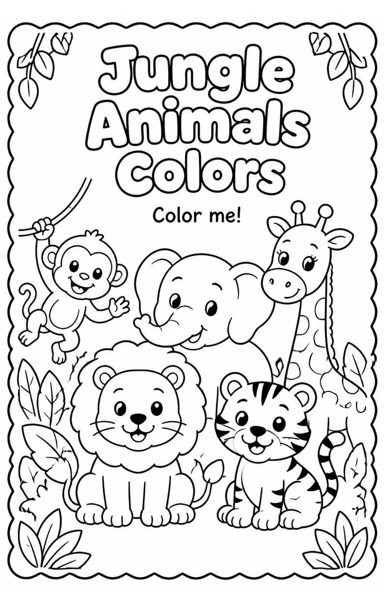 Jungle Animals Colors Coloring Page — free printable Pre-K Art worksheet