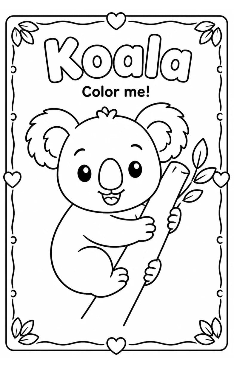Koala Coloring Pages — free printable Kindergarten Art worksheet