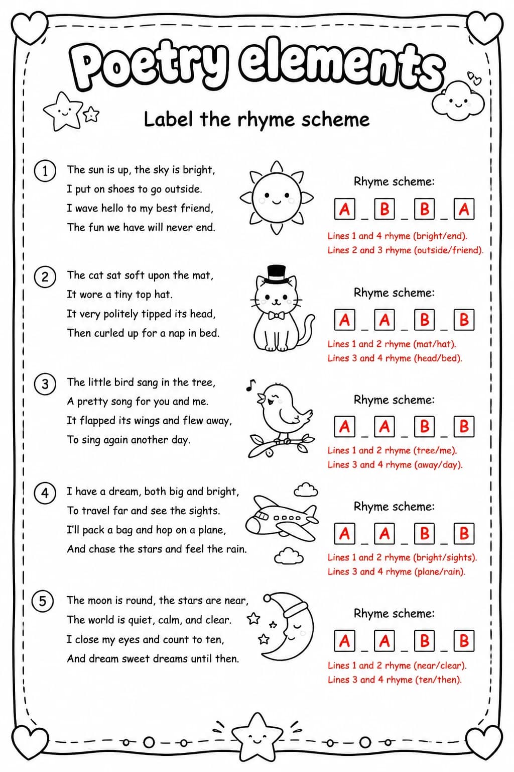 Answer key for Label the rhyme scheme — free printable English & Reading worksheet