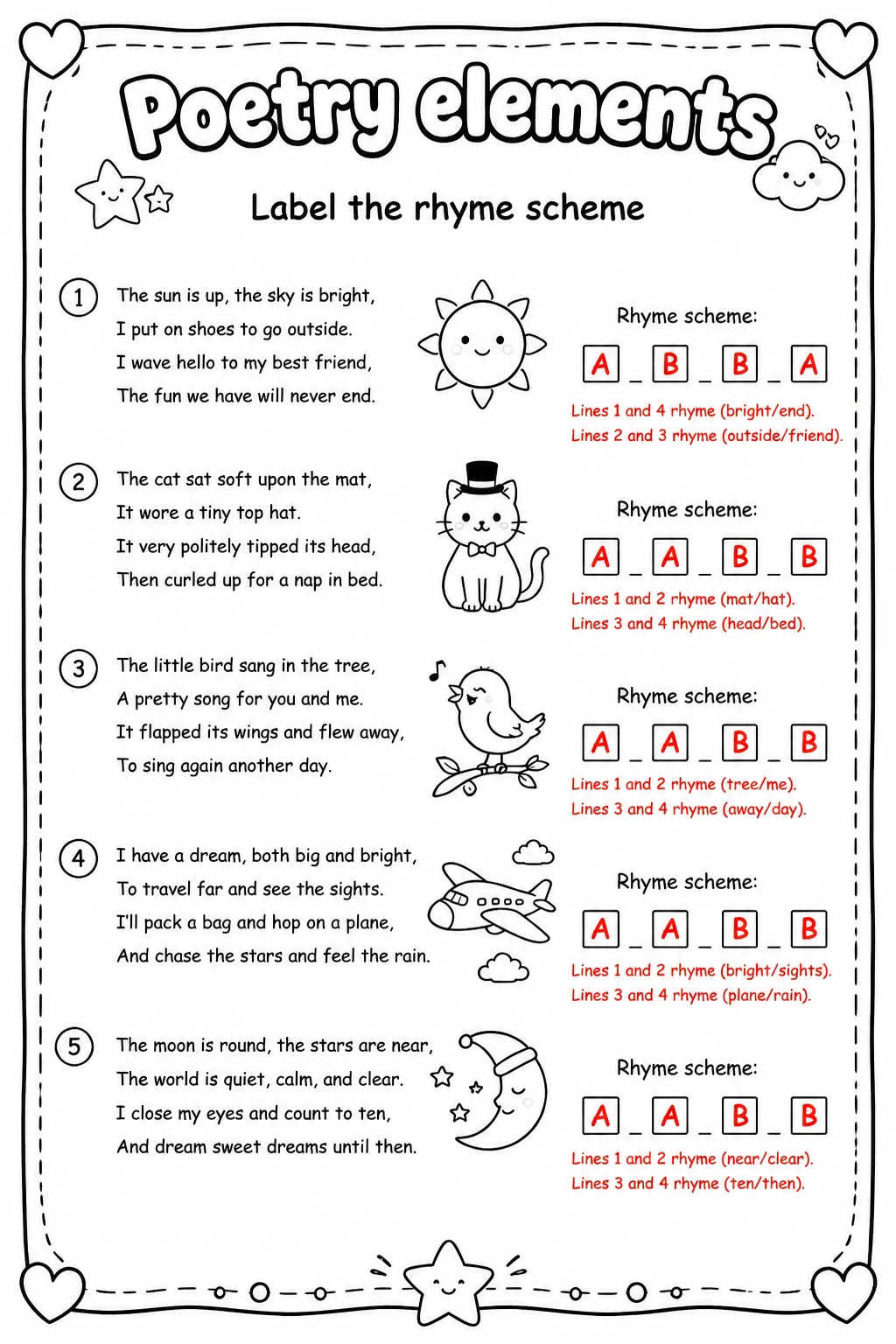 Answer key for Label the rhyme scheme — free printable English & Reading worksheet