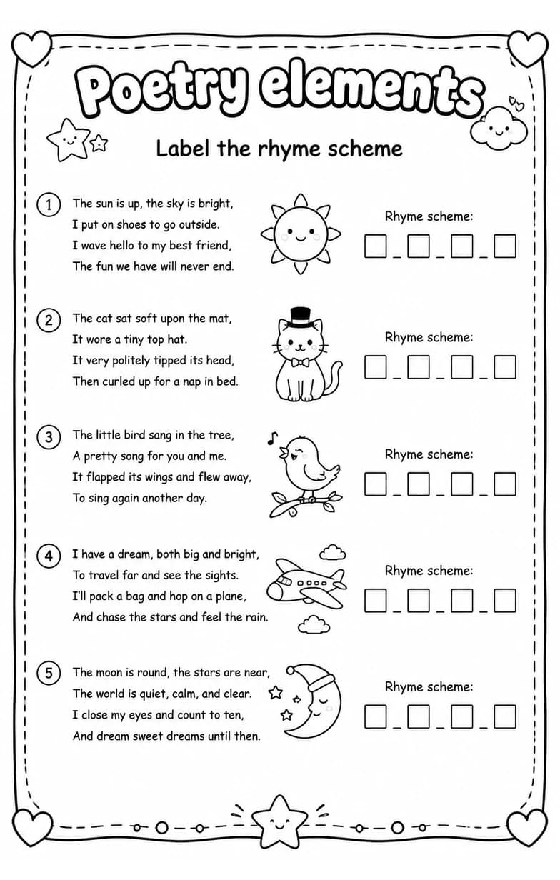 Label the rhyme scheme — free printable Grade 3 English & Reading worksheet