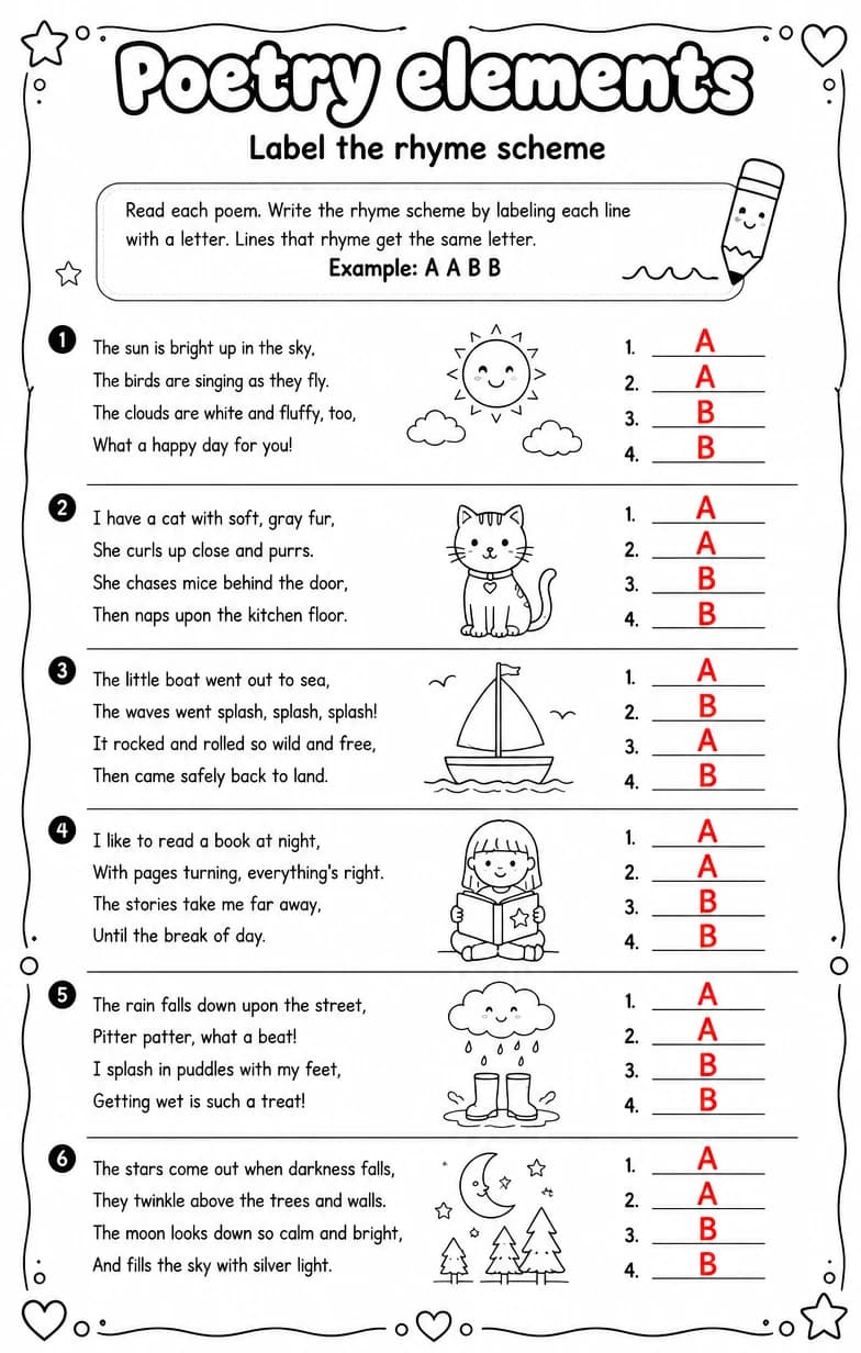 Answer key for Label the rhyme scheme — free printable English & Reading worksheet
