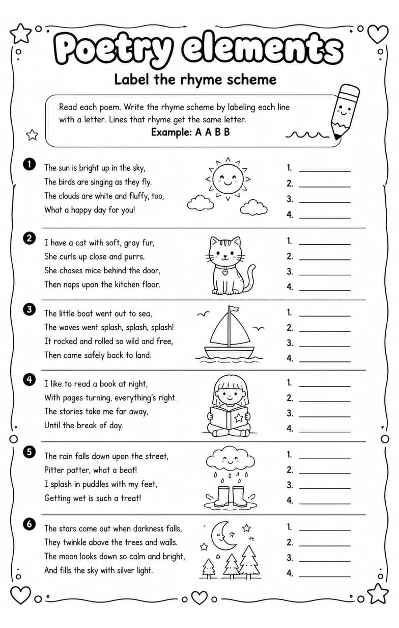Label the rhyme scheme — free printable Grade 4 English & Reading worksheet