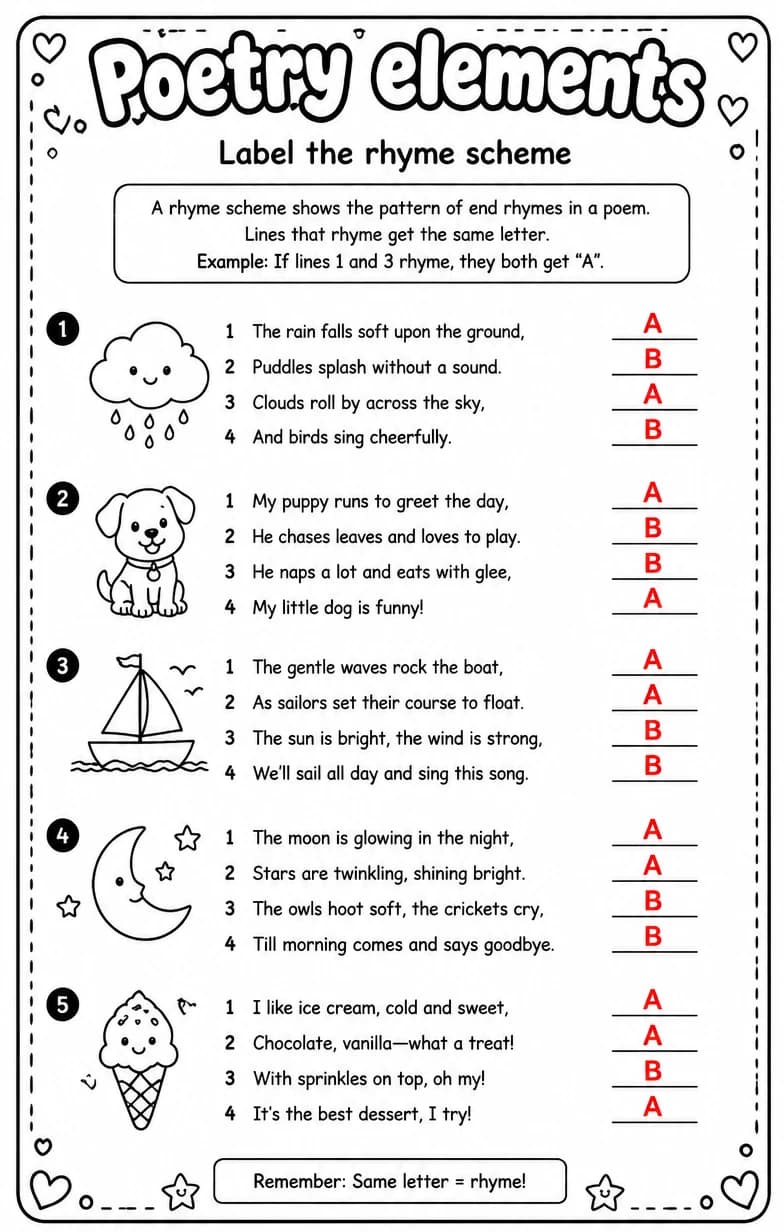 Answer key for Label the rhyme scheme — free printable English & Reading worksheet