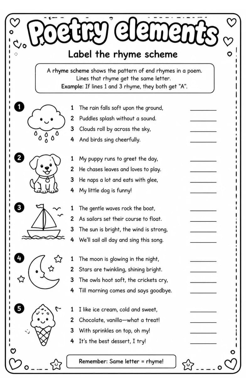 Label the rhyme scheme — free printable Grade 5 English & Reading worksheet