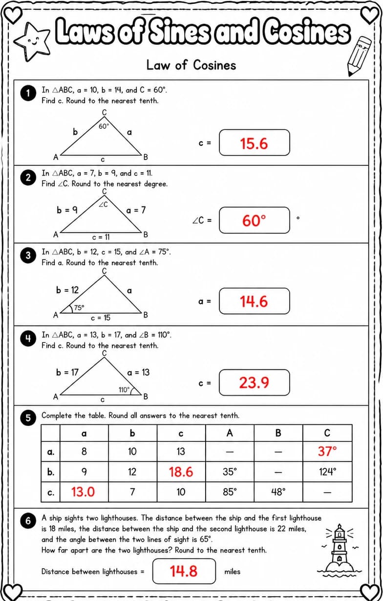 Answer key for Law of Cosines — free printable Math worksheet