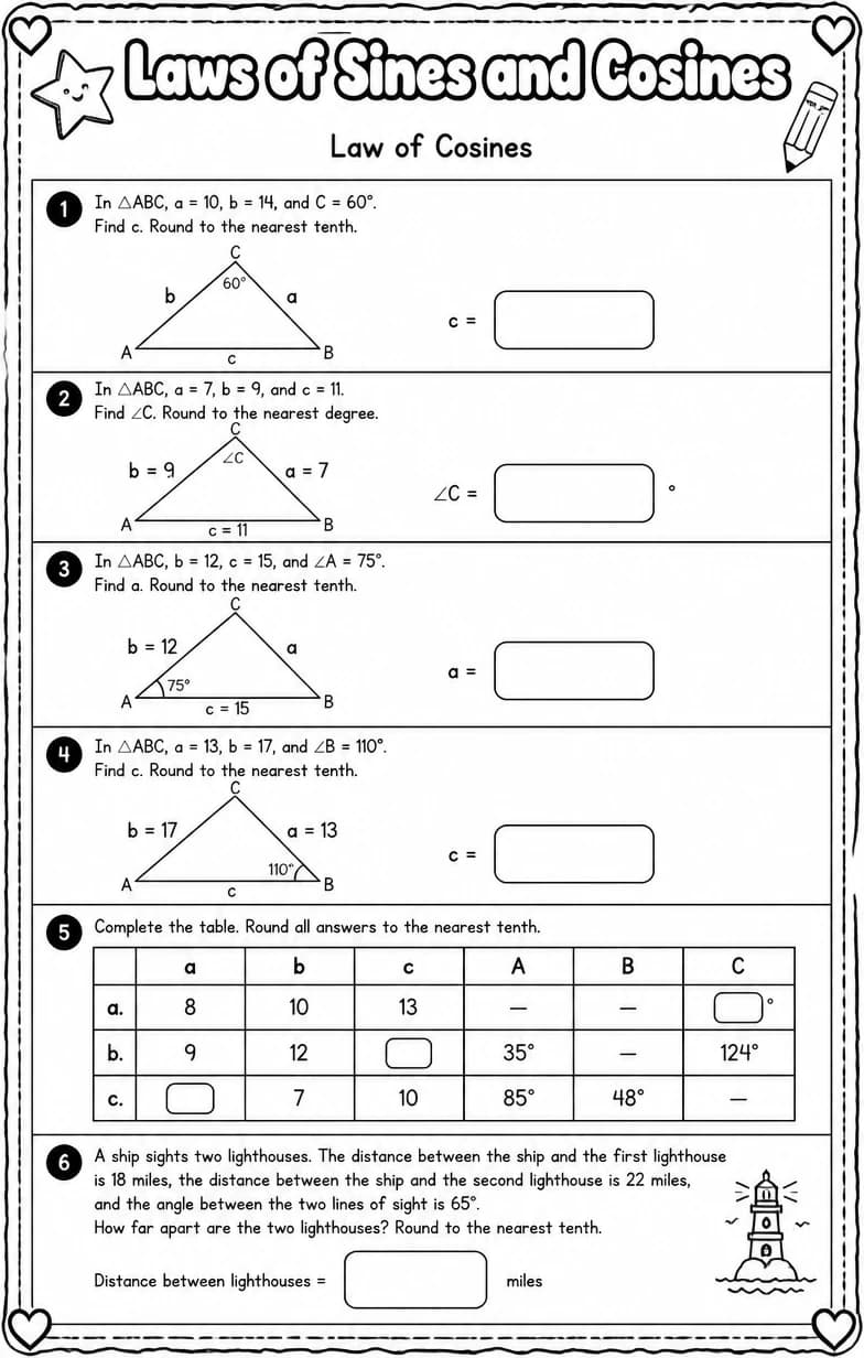 Law of Cosines — free printable Algebra 2 math worksheet