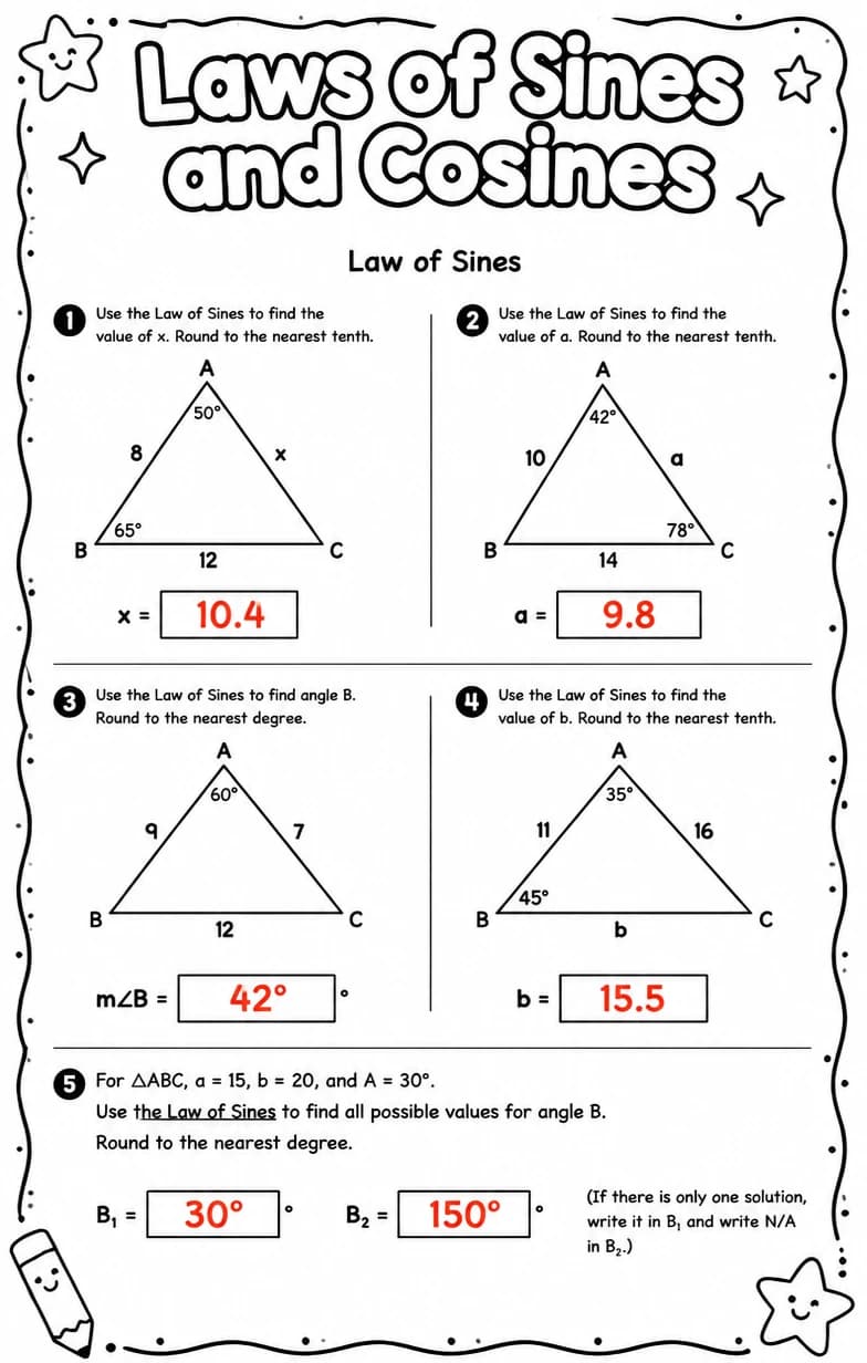 Answer key for Law of Sines — free printable Math worksheet