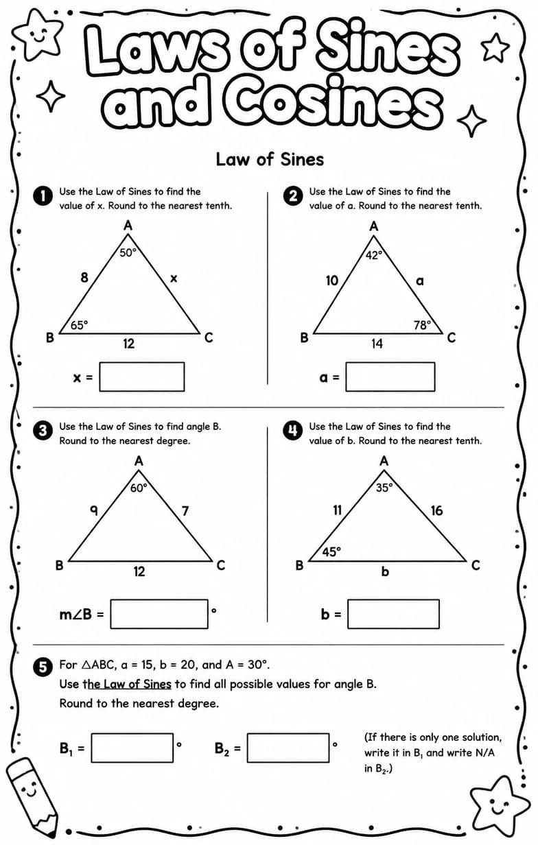 Law of Sines — free printable Algebra 2 math worksheet