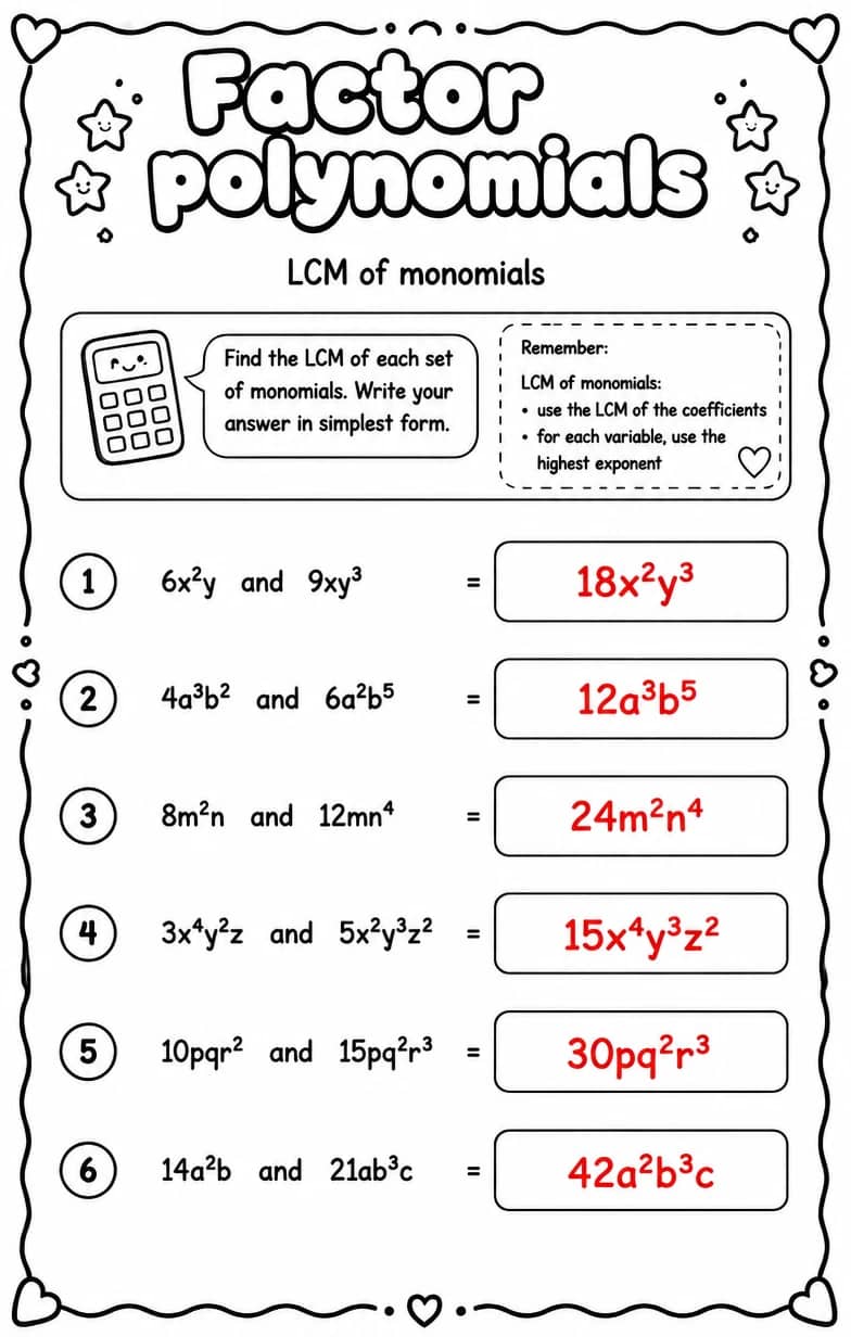 Answer key for LCM of monomials — free printable Math worksheet