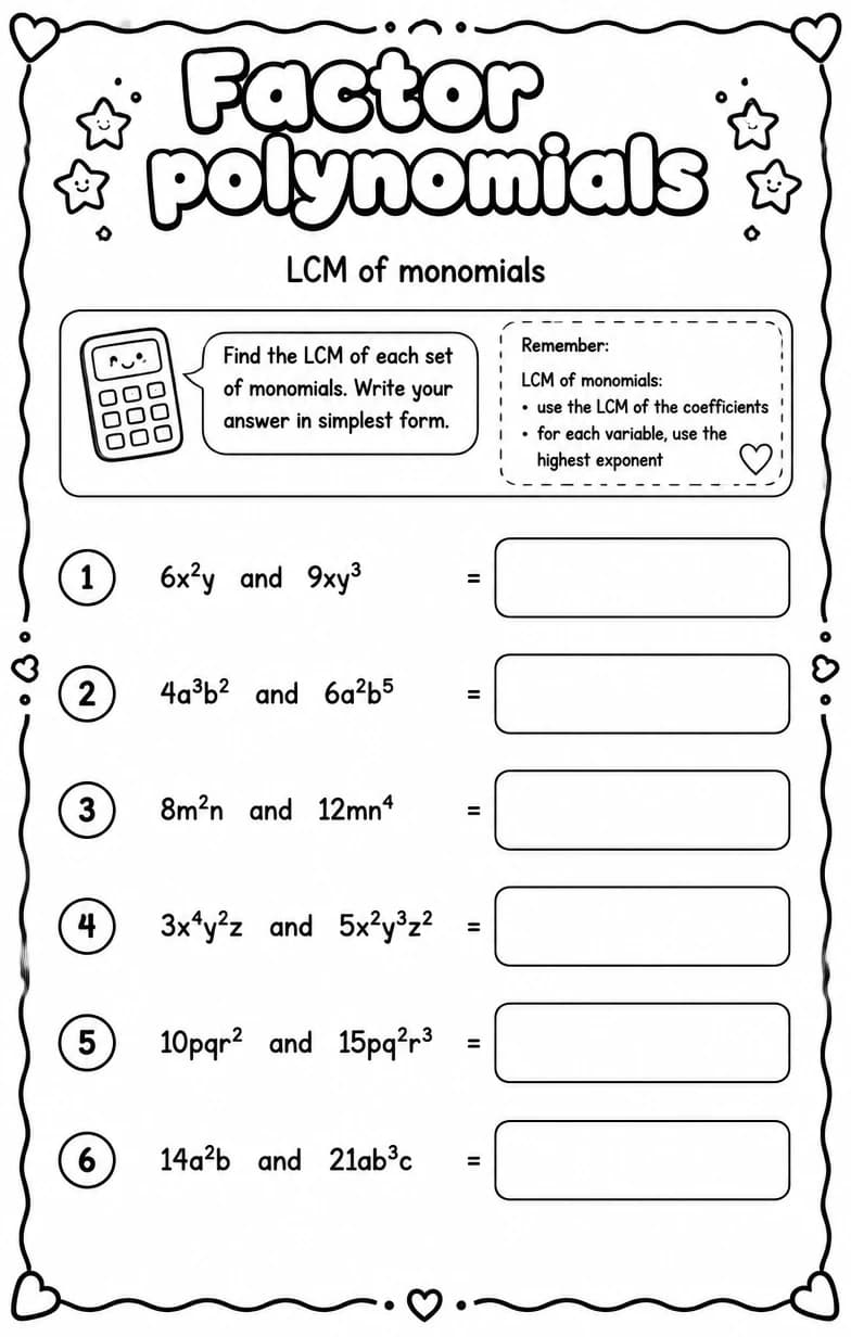 LCM of monomials — free printable High School Math worksheet