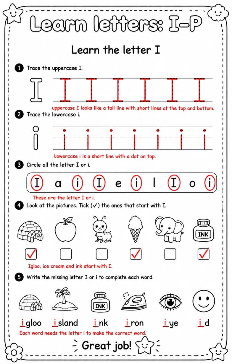 Answer key for Learn the letter I — free printable English & Reading worksheet