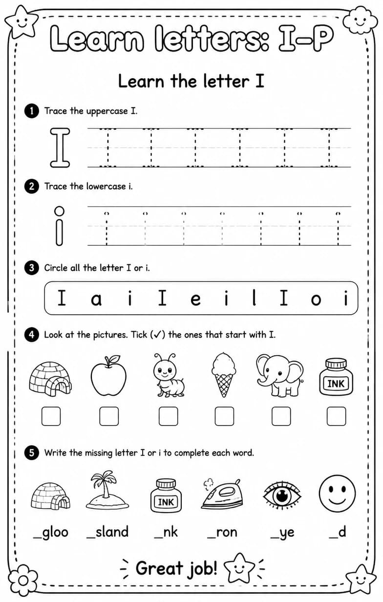Learn the letter I — free printable Reading foundations English worksheet