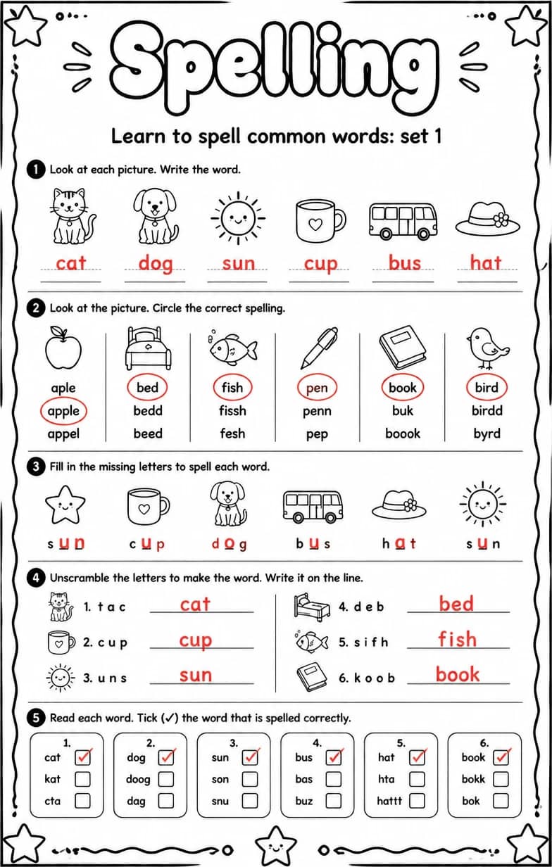 Answer key for Learn to spell common words: set 1 — free printable English & Reading worksheet