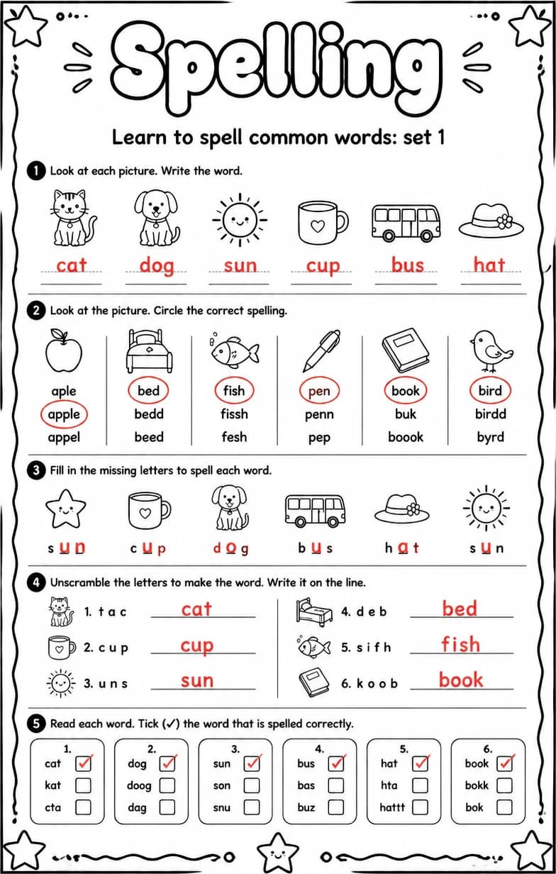 Answer key for Learn to spell common words: set 1 — free printable English & Reading worksheet